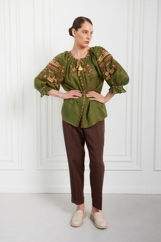 "Embroidery history" green blouse  FOBERINI