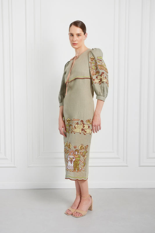 "Embroidery history" green midi dress FOBERINI