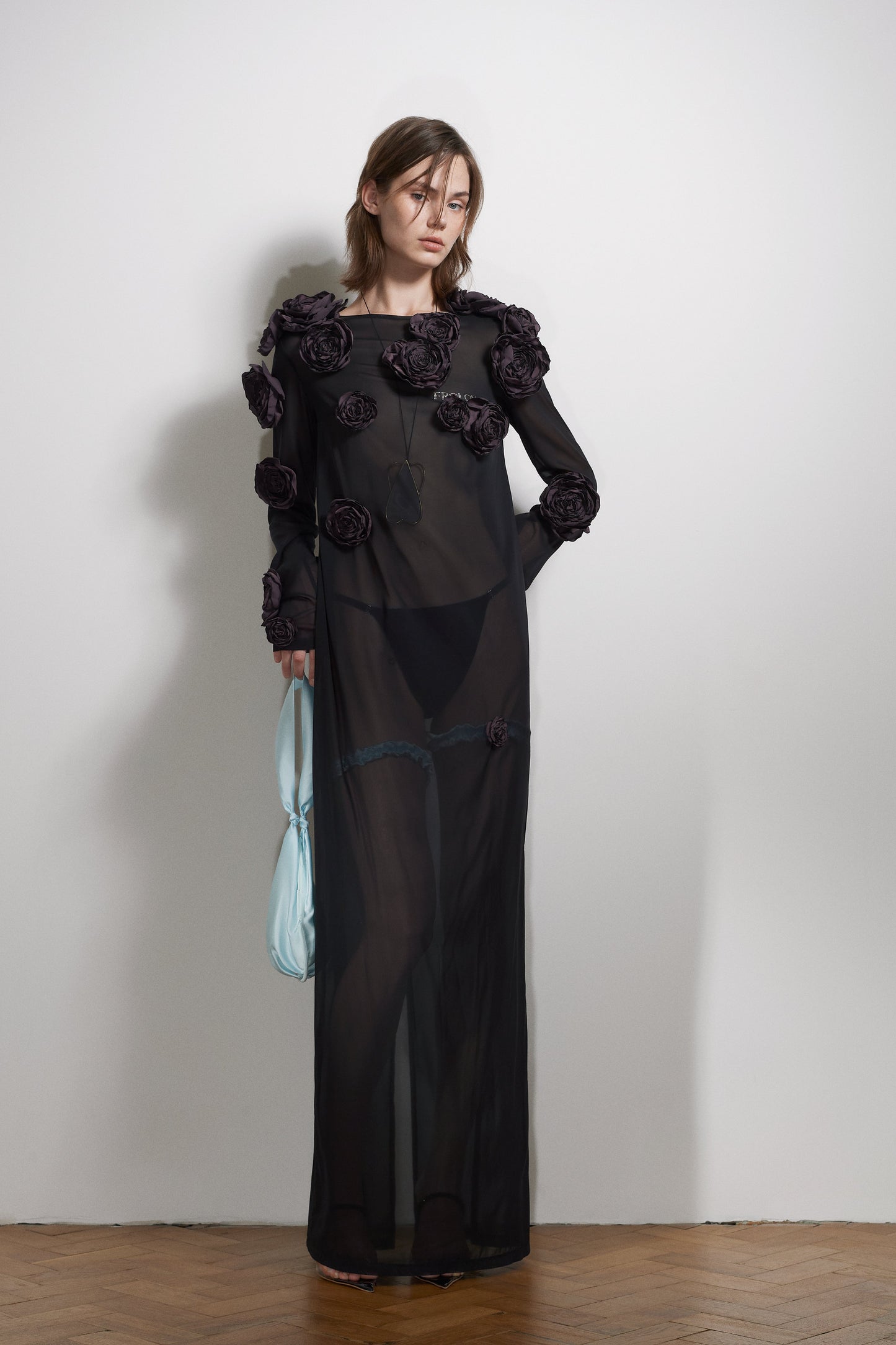 Transparent net dress with handcrafted flowers FROLOV