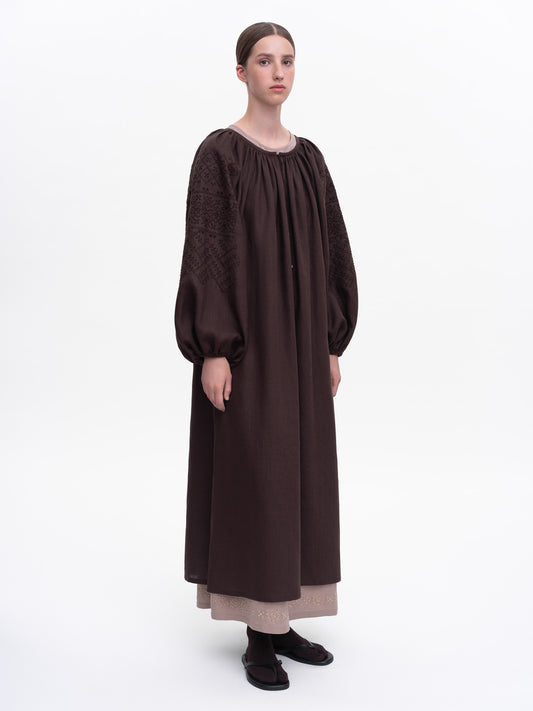 Brown embroidered dress Velina ETNODIM