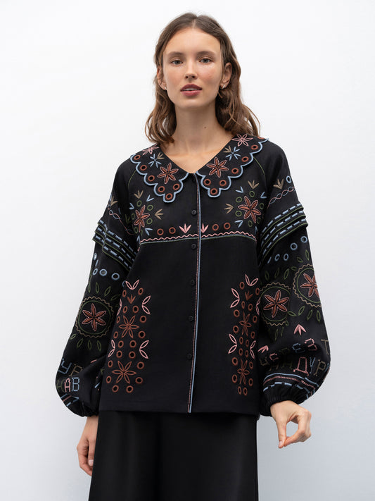 Embroidered jacket made of black linen with a collar Bandura Temna ETNODIM