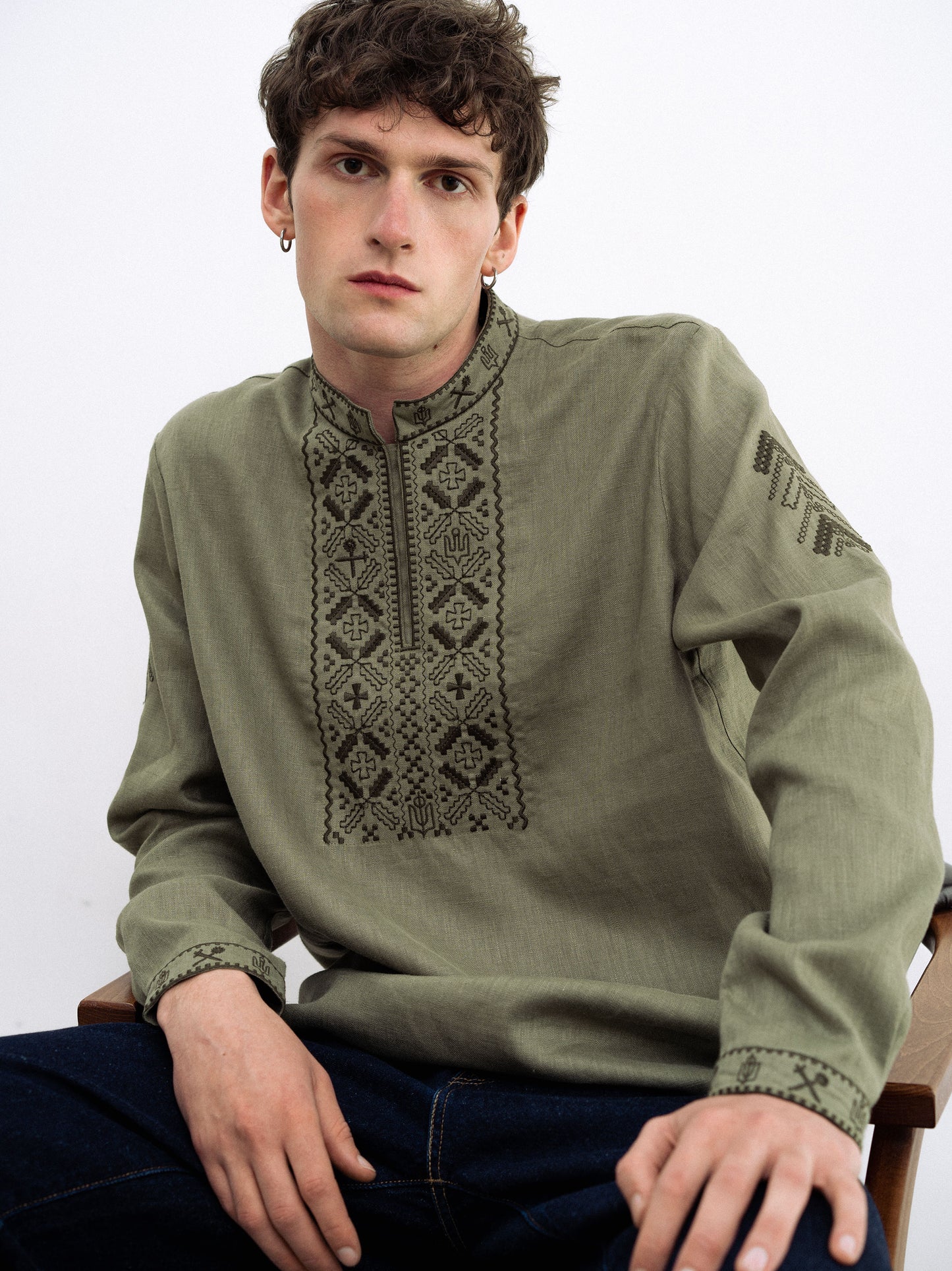 Khaki linen embroidered shirt for men Vidsich Khaki ETNODIM