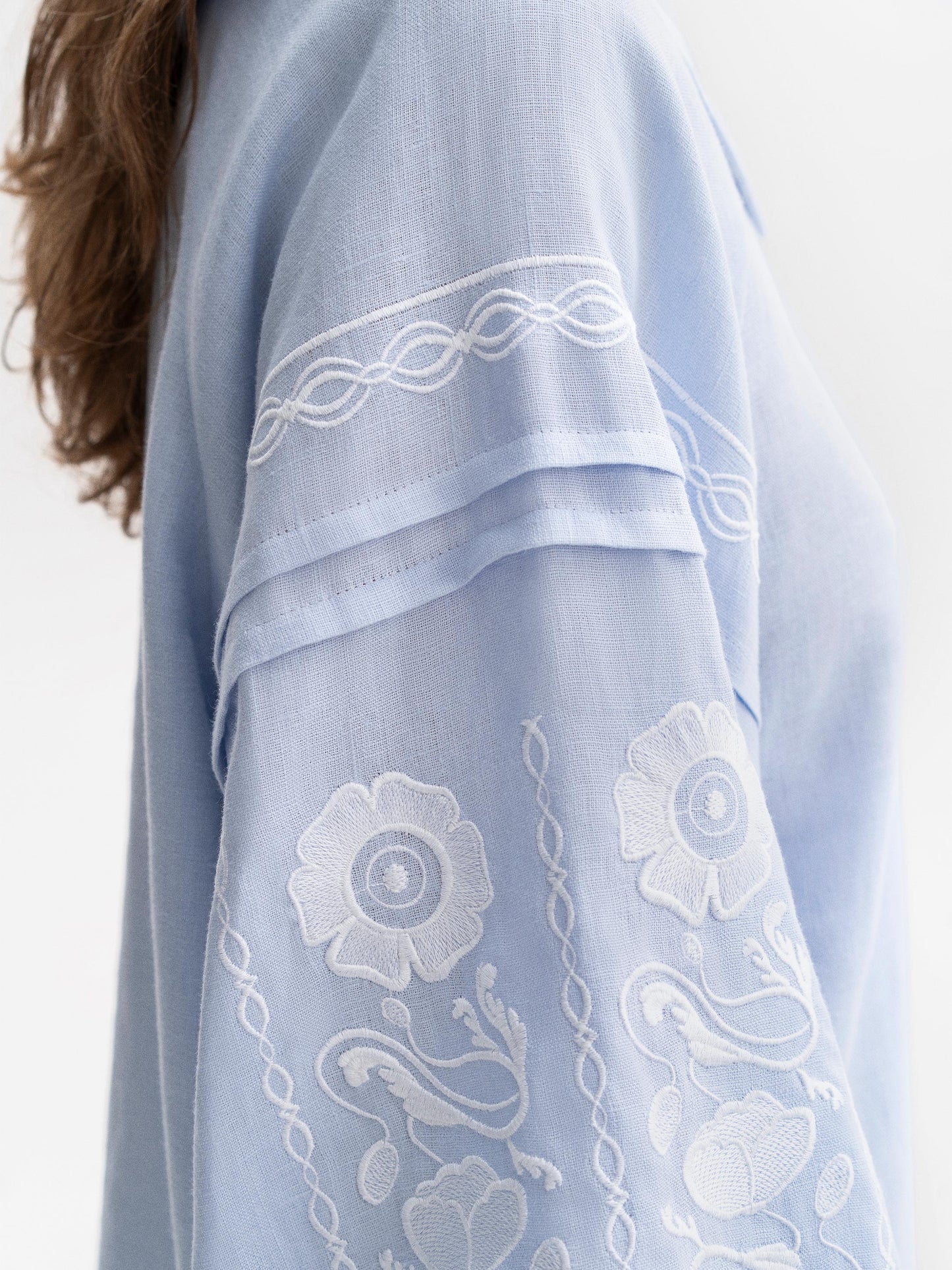 Soft blue shirt with white embroidery Dnipryana ETNODIM