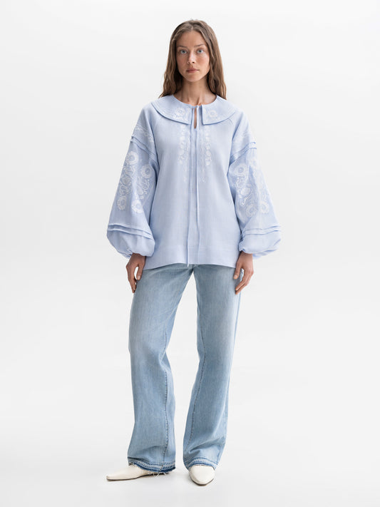 Soft blue shirt with white embroidery Dnipryana ETNODIM