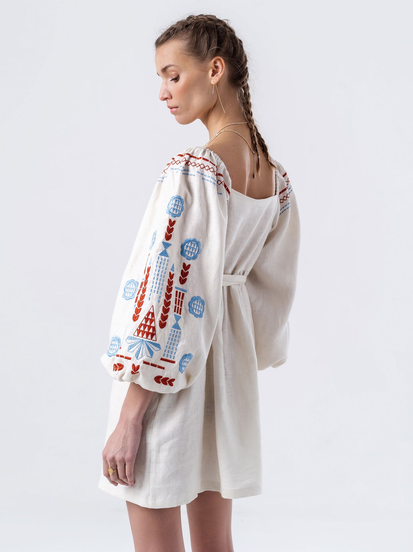 Linen embroidered dress with milk color MOZAIKA ETNODIM