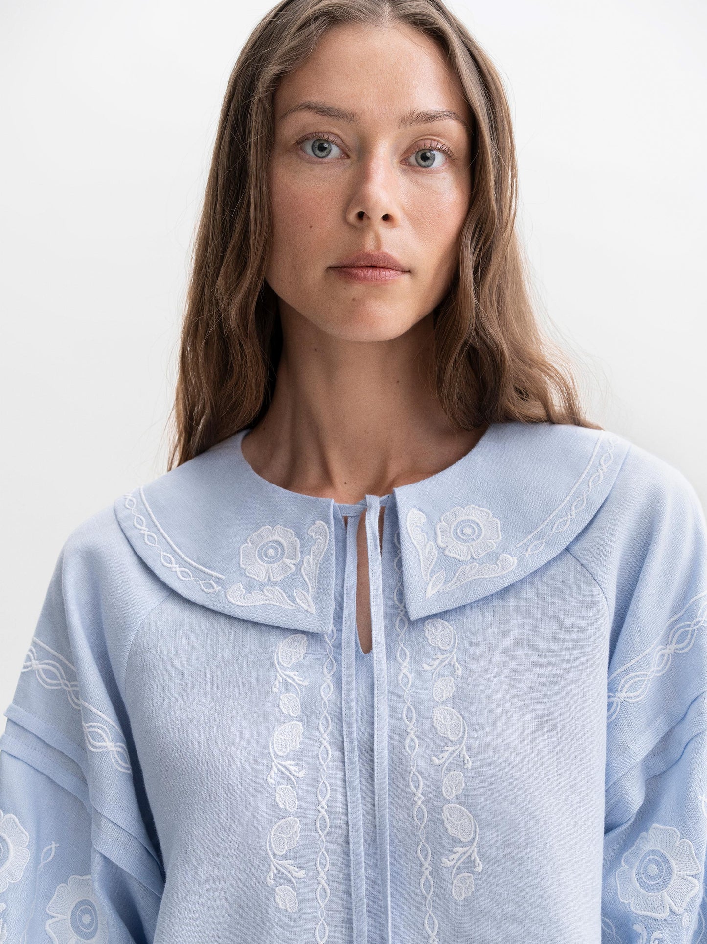 Soft blue shirt with white embroidery Dnipryana ETNODIM