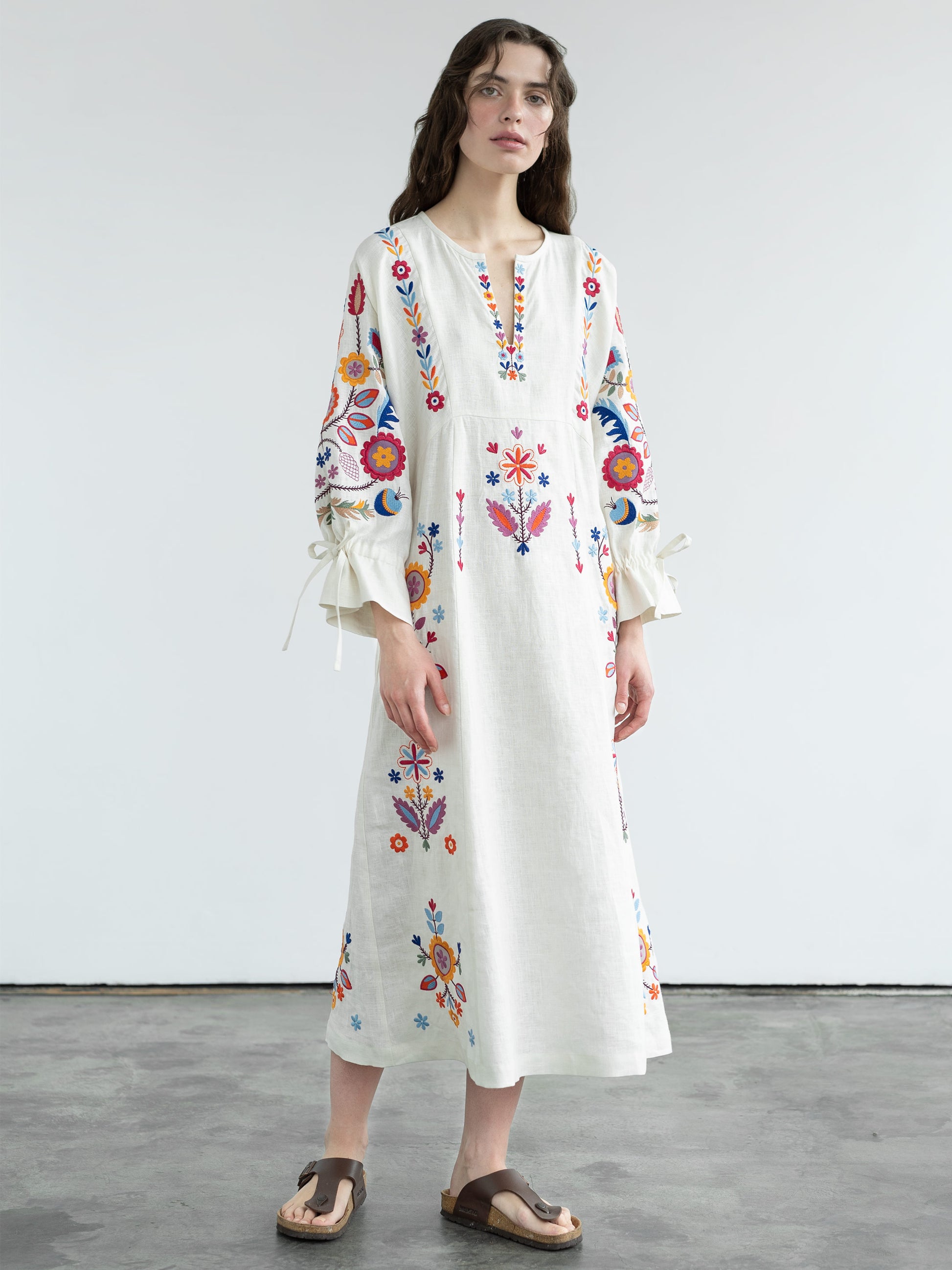 Women's Embroidered Linen Midi Dress White Floral Pattern Sobachko Boho Etnodim
