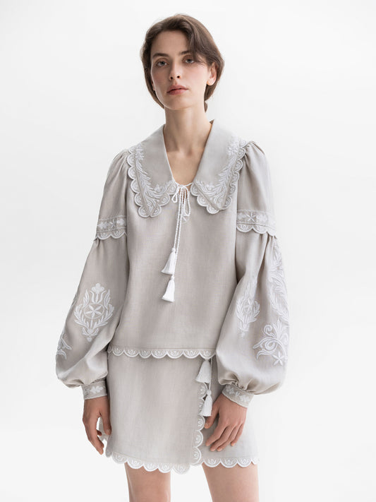 Gray linen blouse with white embroidery Meadow ETNODIM