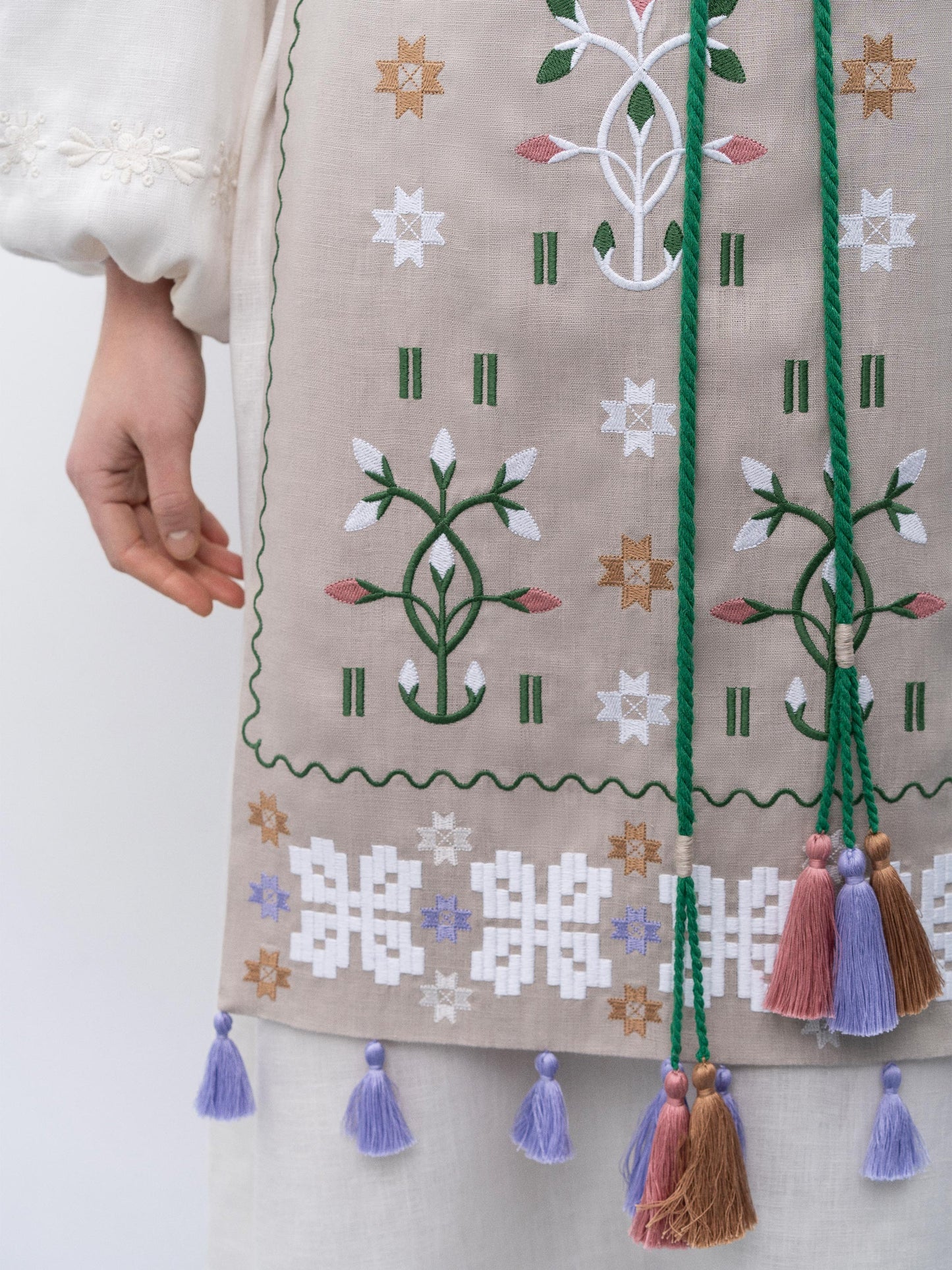 Embroidered linen apron with colored tassels Rozmay ETNODIM