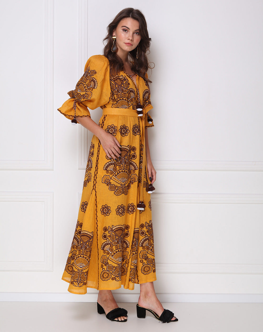 mustard yellow maxi dress with sleeves Mustard Gown with Embellished Long Sleeves 10 / Short