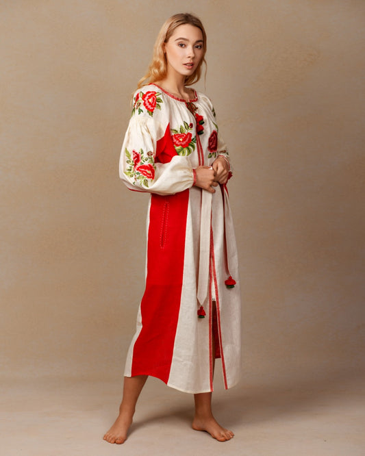 Flora Beige-Red Midi Dress FOBERINI